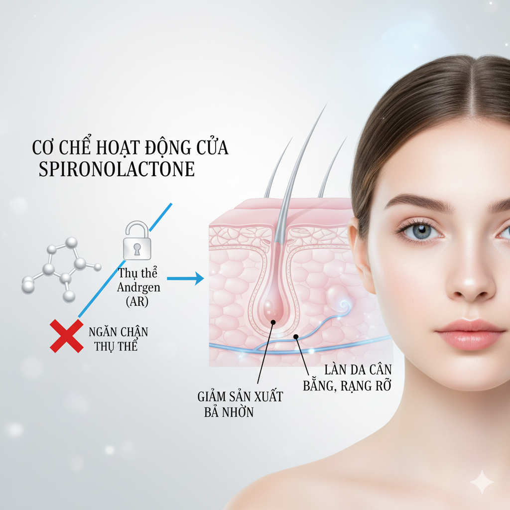 H&igrave;nh minh họa spironolactone ức chế thụ thể androgen, giảm tiết b&atilde; v&agrave; cải thiện mụn tuổi dậy th&igrave; nữ.