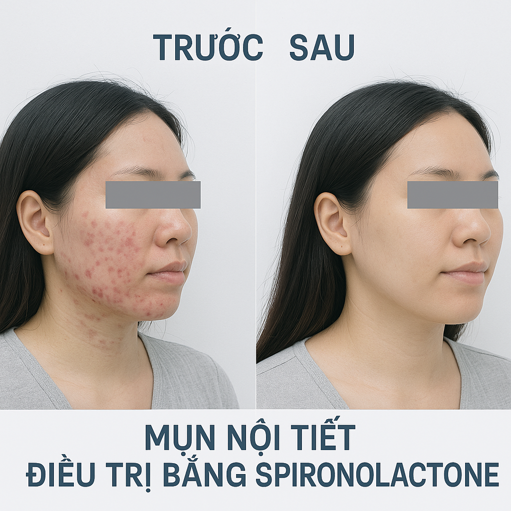 Ảnh trước v&agrave; sau điều trị mụn nội tiết ở phụ nữ trưởng th&agrave;nh bằng Spironolactone, minh họa tại Ph&ograve;ng Kh&aacute;m Da Liễu Anh Mỹ.