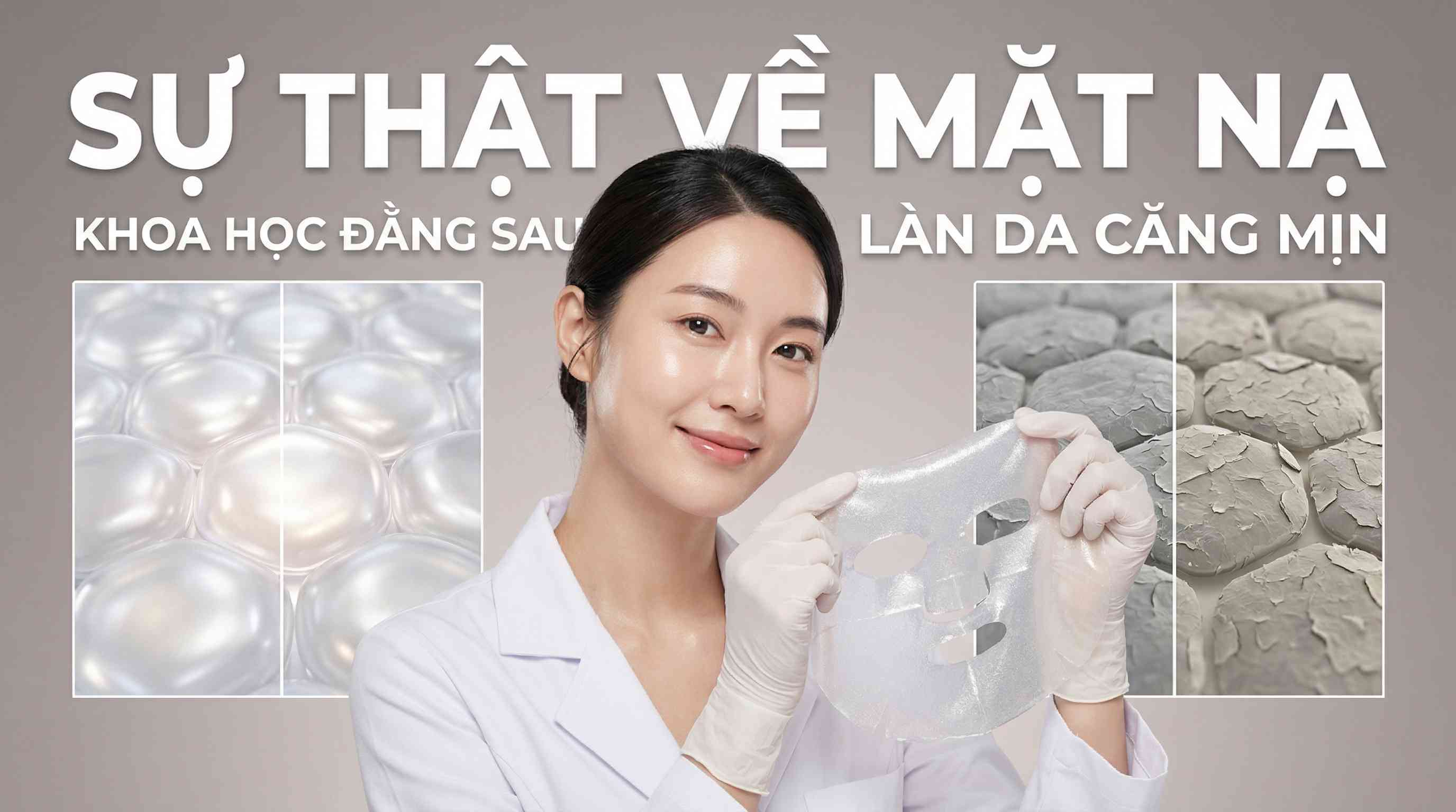 su-that-ve-mat-na-duong-da-chuan-y-khoa.jpg Hình minh họa chủ đề 'Sự thật về mặt nạ - Khoa học đằng sau làn da căng mịn'. Hình ảnh nữ chuyên gia da liễu mặc áo blouse trắng đang cầm một chiếc mặt nạ giấy trong suốt. Nền ảnh minh họa sự so sánh đối lập giữa các tế bào da được cấp ẩm căng bóng (bên trái) và bề mặt da khô cằn, nứt nẻ (bên phải).