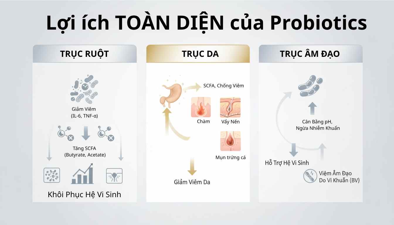 Minh hoạ tổng quan t&aacute;c dụng của probiotic: c&acirc;n bằng vi sinh, tăng SCFA, giảm vi&ecirc;m hệ thống, cải thiện da (AD, mụn, vảy nến) v&agrave; &acirc;m đạo (BV).