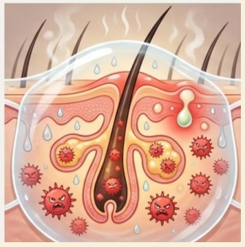 M&ocirc; phỏng t&aacute;c hại của hiệu ứng b&iacute;t tắc (occlusion) khi lạm dụng: Nhiệt độ v&agrave; mồ h&ocirc;i bị giữ lại trong m&ocirc;i trường kh&eacute;p k&iacute;n tạo điều kiện cho vi khuẩn g&acirc;y mụn v&agrave; vi&ecirc;m nang l&ocirc;ng ph&aacute;t triển mạnh.