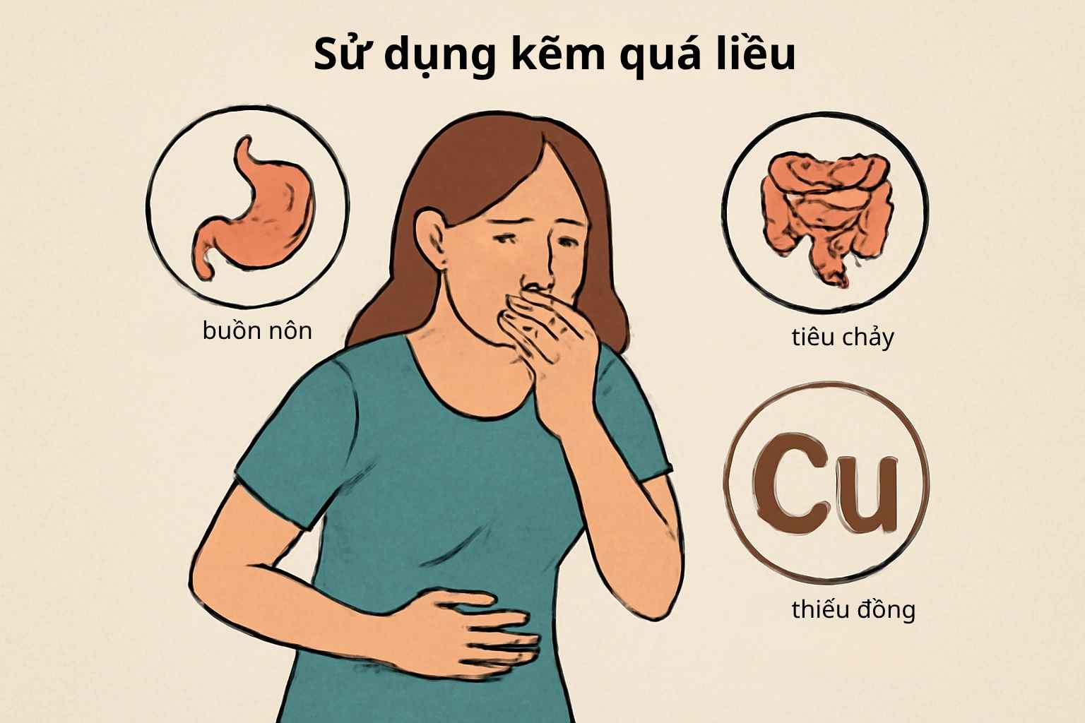 H&igrave;nh ảnh m&ocirc; tả c&aacute;c t&aacute;c dụng phụ khi sử dụng kẽm qu&aacute; liều, bao gồm buồn n&ocirc;n, ti&ecirc;u chảy v&agrave; thiếu đồng (Cu).
