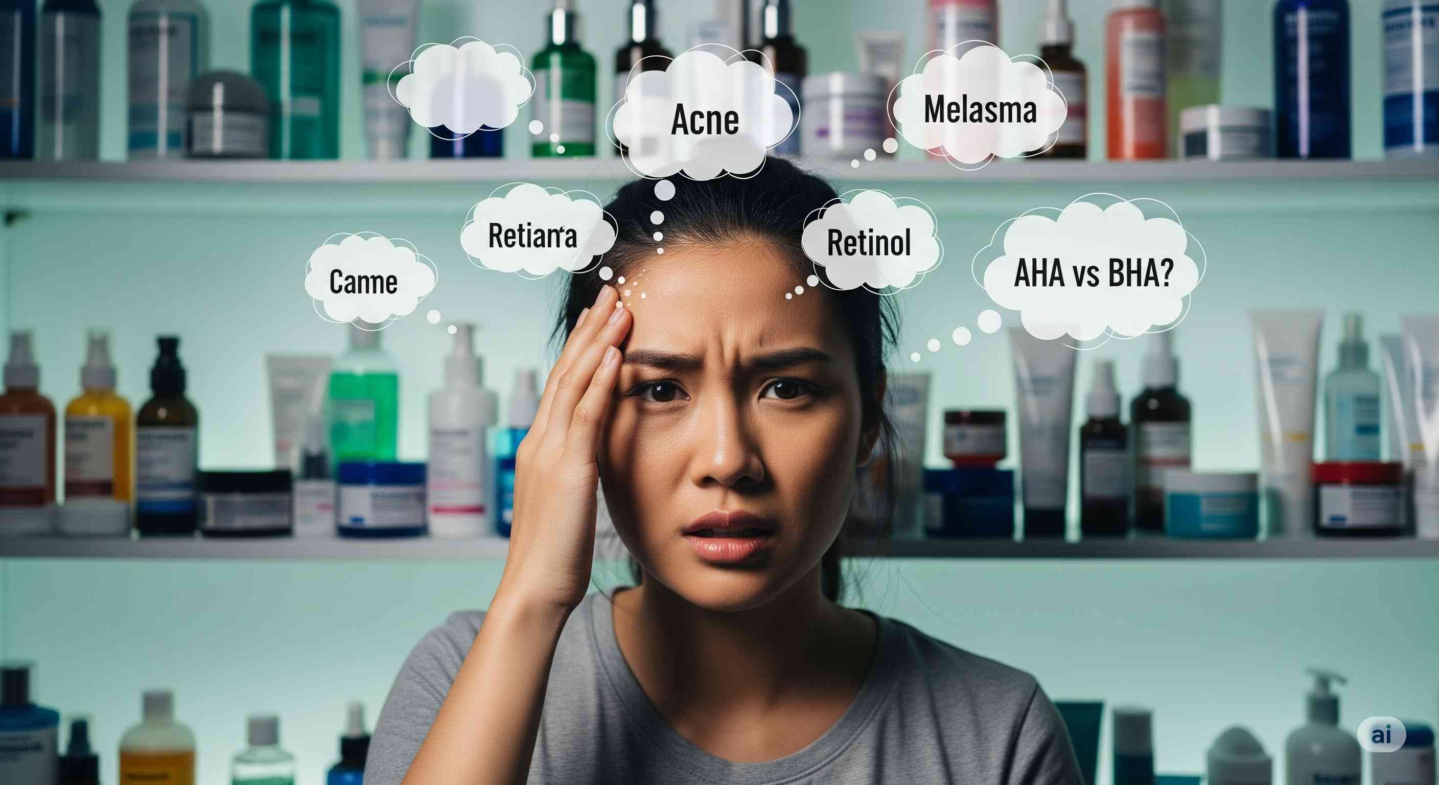 Một người d&ugrave;ng bối rối trước qu&aacute; nhiều th&ocirc;ng tin về chăm s&oacute;c da mụn v&agrave; n&aacute;m.