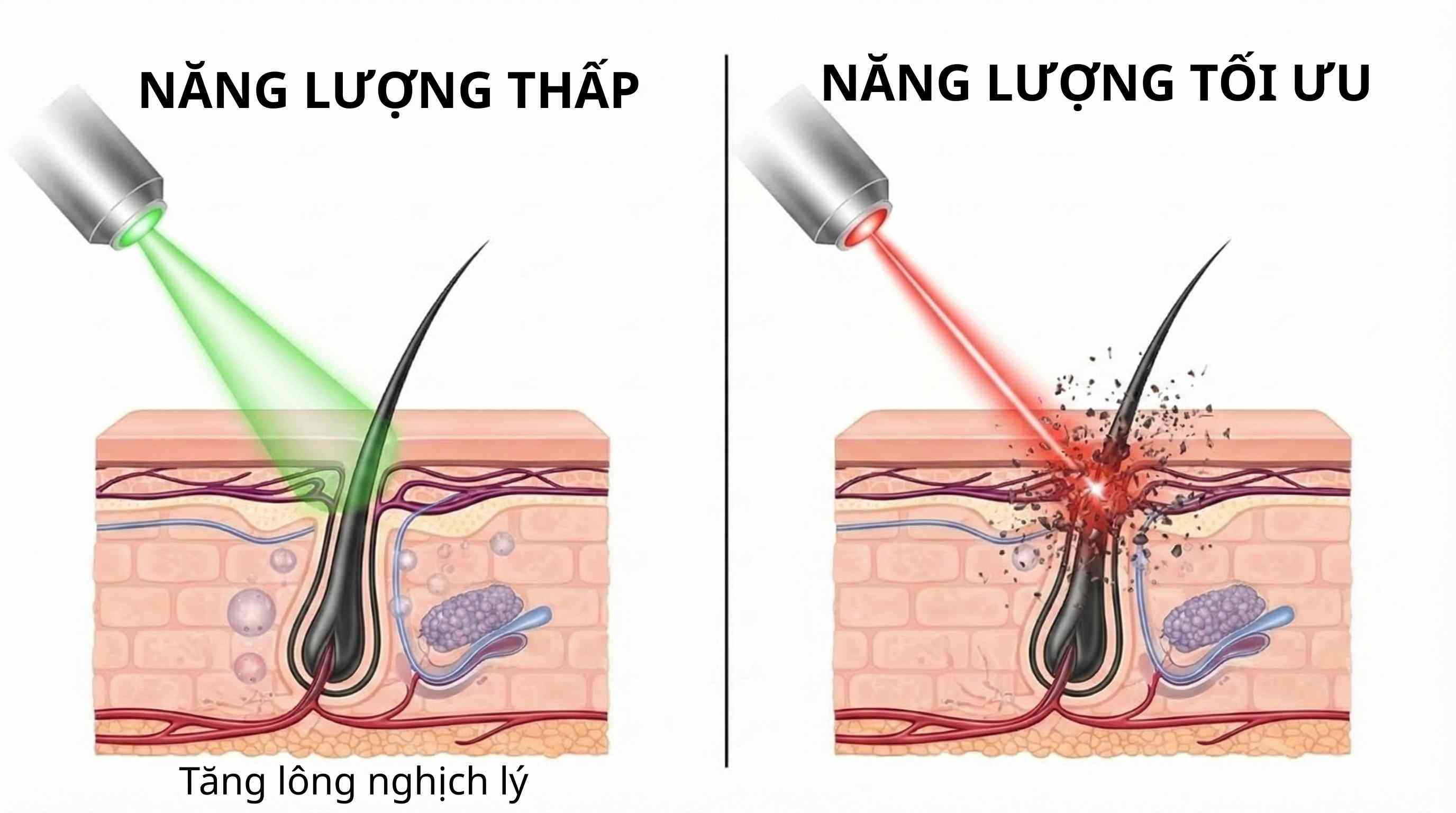 So sánh cơ chế tăng lông nghịch lý khi dùng năng lượng thấp và hiệu quả triệt lông khi dùng đúng năng lượng laser diode.