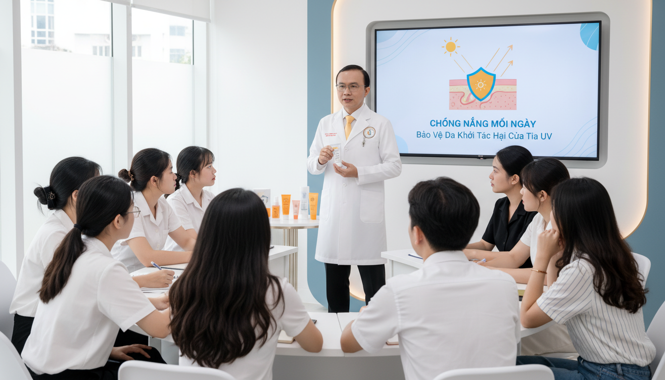 B&aacute;c sĩ da liễu giảng giải cho bệnh nh&acirc;n da mụn c&aacute;ch h&igrave;nh th&agrave;nh th&oacute;i quen chống nắng đ&uacute;ng qua video v&agrave; hướng dẫn trực tiếp.