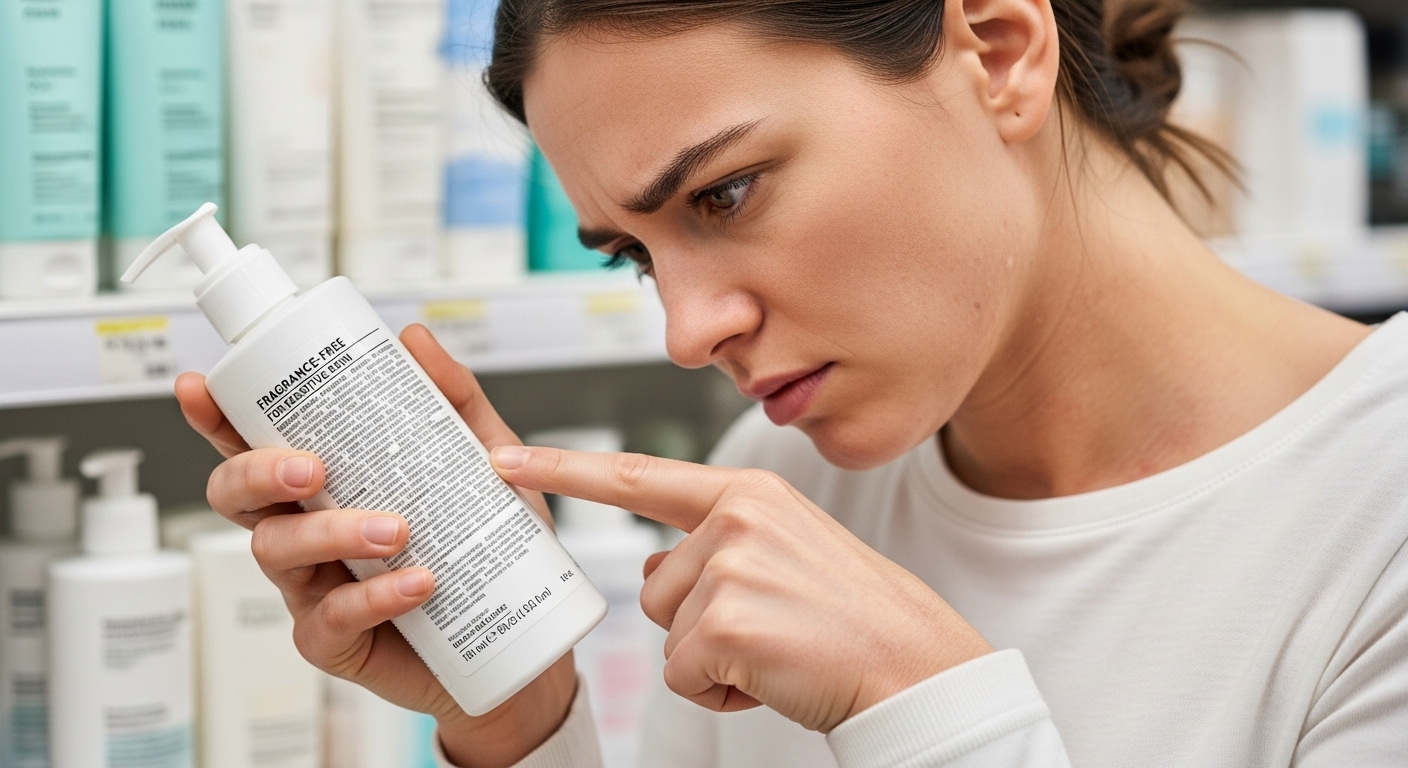 thanh-phan-can-tranh-khi-cham-soc-da-viem-da-co-dia.jpg Người bị viêm da cơ địa đang đọc thành phần của sản phẩm chăm sóc da để tránh các hóa chất gây kích ứng.