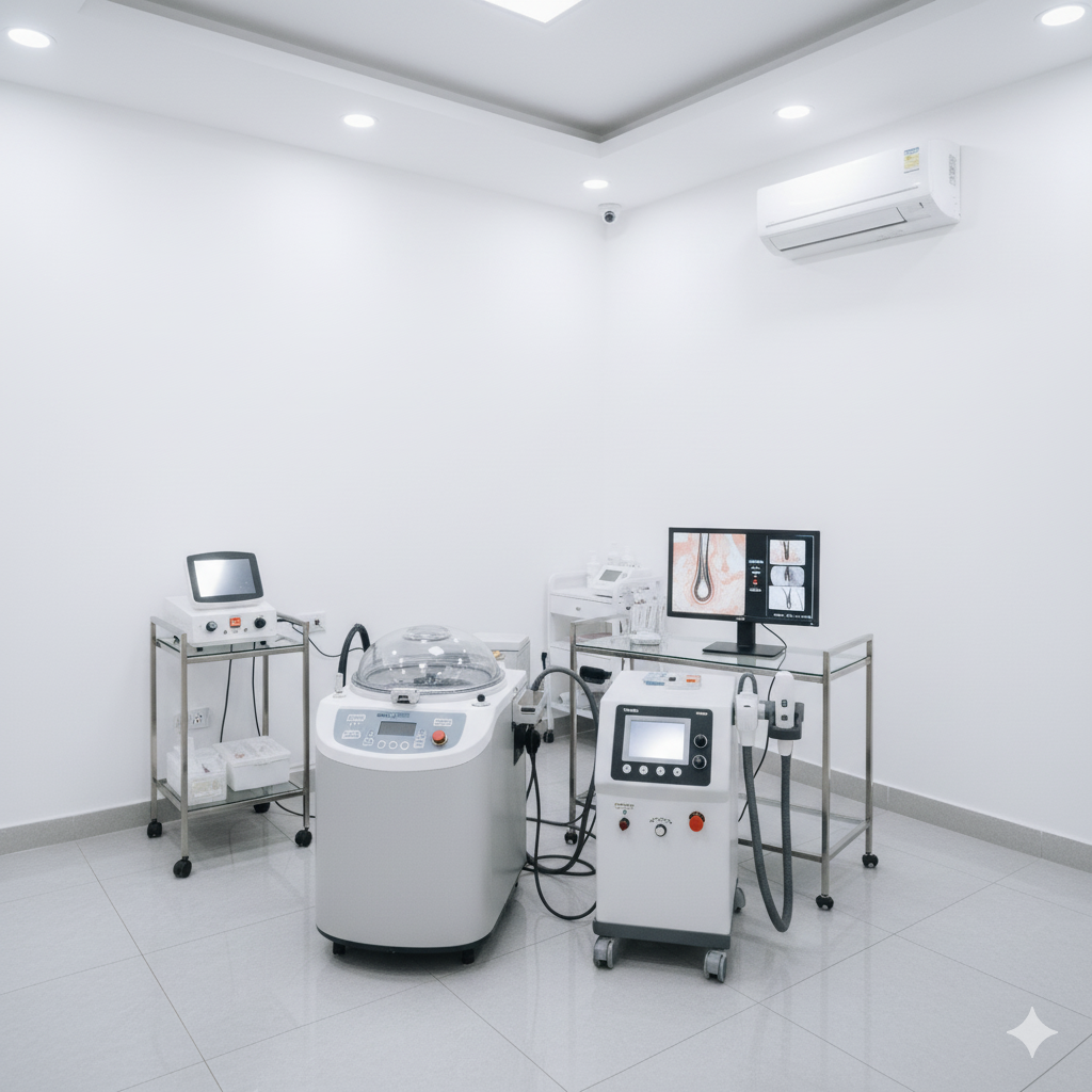 thiet-bi-dieu-tri-rung-toc-anh-my-clinic-2.png Trang thiết bị y khoa hiện đại gồm PRP ly tâm hai lớp, RF, HIFU tại Phòng Khám Da Liễu Anh Mỹ