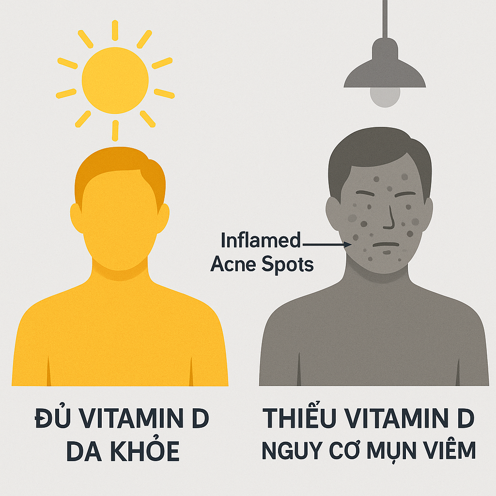  Mối li&ecirc;n hệ giữa lối sống thiếu tiếp x&uacute;c &aacute;nh nắng, g&acirc;y thiếu vitamin D v&agrave; nguy cơ mụn trứng c&aacute;. 