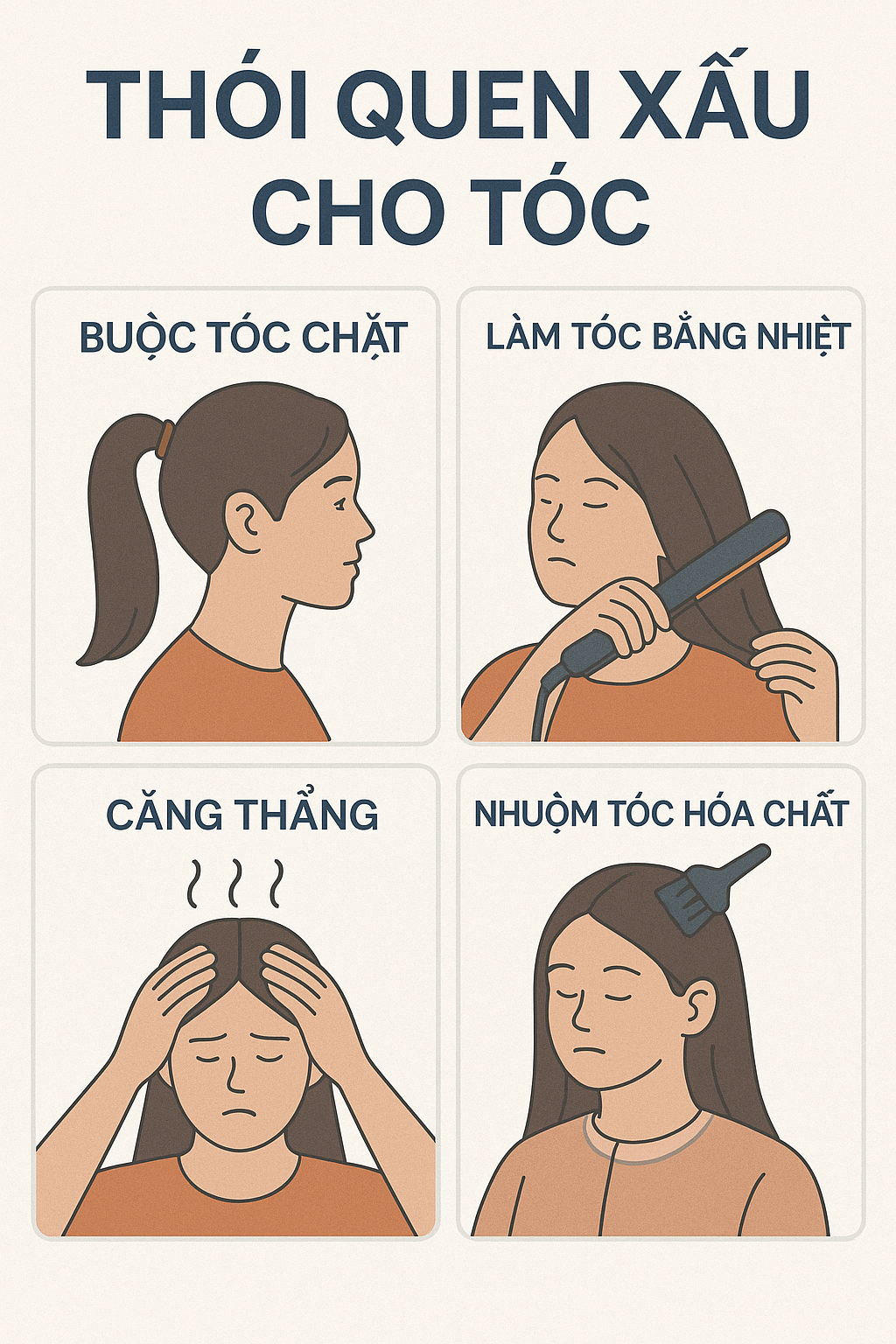 thoi-quen-gay-rung-toc-can-tranh.png Infographic minh họa thói quen gây rụng tóc và hư tổn tóc.