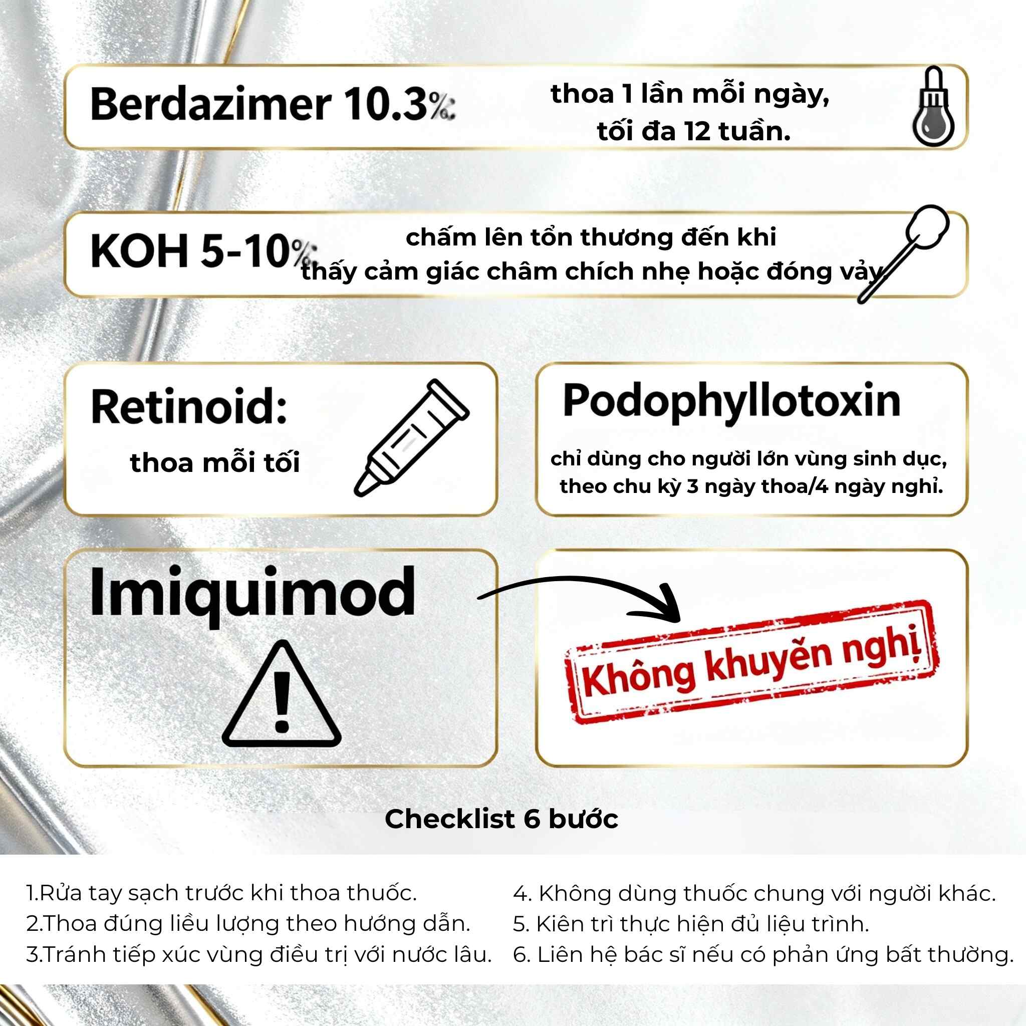 thuoc-boi-tai-nha-u-mem-lay-berdazimer-koh-retinoid-2.jpg Infographic thuốc bôi tại nhà điều trị u mềm lây với hướng dẫn liều, vị trí dùng và cảnh báo cho từng nhóm thuốc; kèm checklist 6 bước chăm sóc.