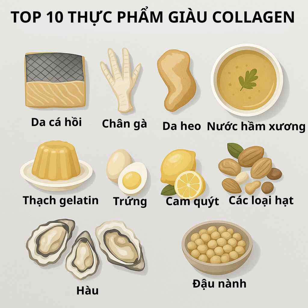 top-10-thuc-pham-giau-collagen-tu-nhien-anhmyclinic.jpg Ảnh flat-lay liệt kê 10 thực phẩm giàu collagen gồm da cá, chân gà, nước hầm xương, gelatin, trái cây giàu vitamin C và hạt giàu kẽm.