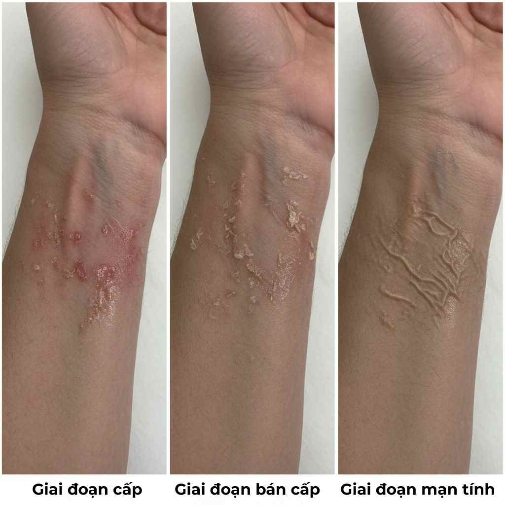 trieu-chung-viem-da-tiep-xuc-di-ung.jpg Biểu hiện của viêm da tiếp xúc dị ứng thay đổi qua các giai đoạn từ cấp tính đến mạn tính.