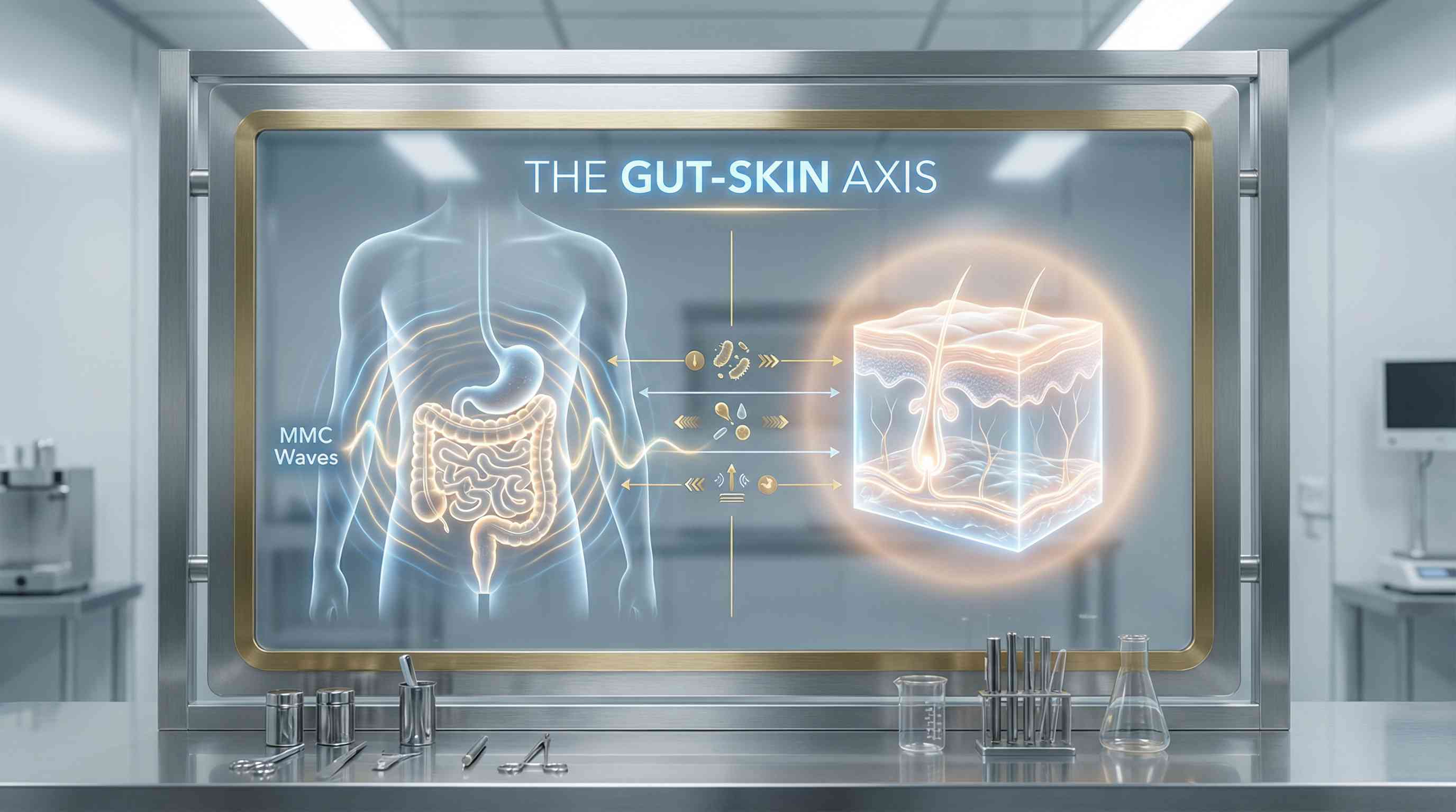 Sơ đồ minh họa trục Ruột - Da v&agrave; vai tr&ograve; của phức hợp MMC trong điều trị mụn.