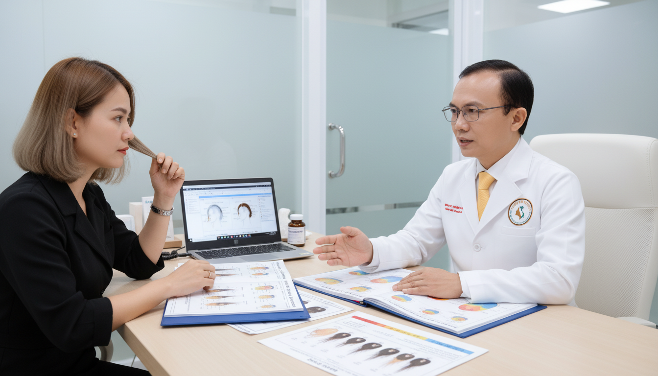 Cảnh b&aacute;c sĩ tư vấn bệnh nh&acirc;n nữ về c&aacute;ch điều trị rụng t&oacute;c bằng spironolactone.