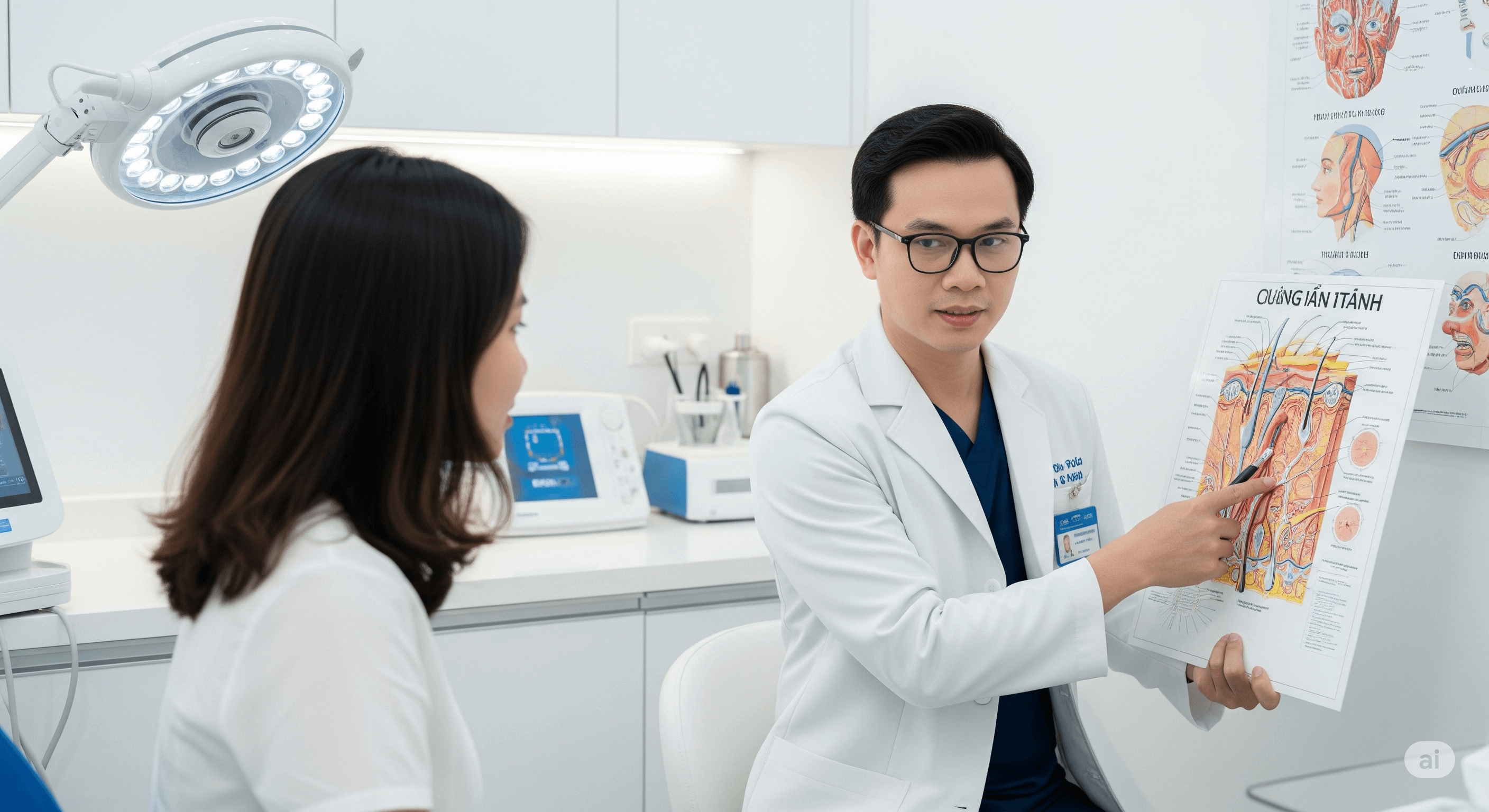 tu-van-da-lieu-chuyen-nghiep-anh-my-clinic-1.png Bác sĩ da liễu đang tư vấn phác đồ chăm sóc da mụn và nám cho bệnh nhân.