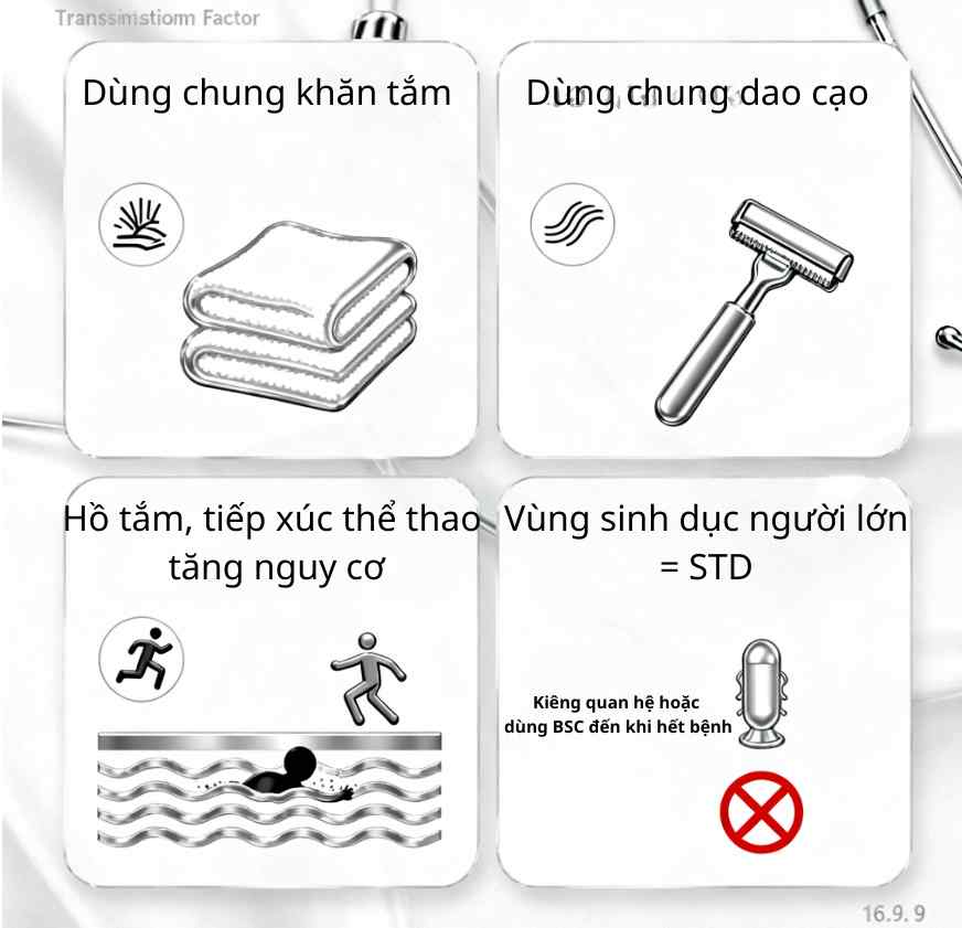 u-mem-lay-duong-lay-sti-da-da-khan-tam-cao.jpg Infographic đường lây u mềm lây: tiếp xúc da-da, dùng chung khăn/dao cạo, tự lây do gãi/cạo; hồ bơi/thể thao là yếu tố thuận lợi; sinh dục ở người lớn được xem như STI.