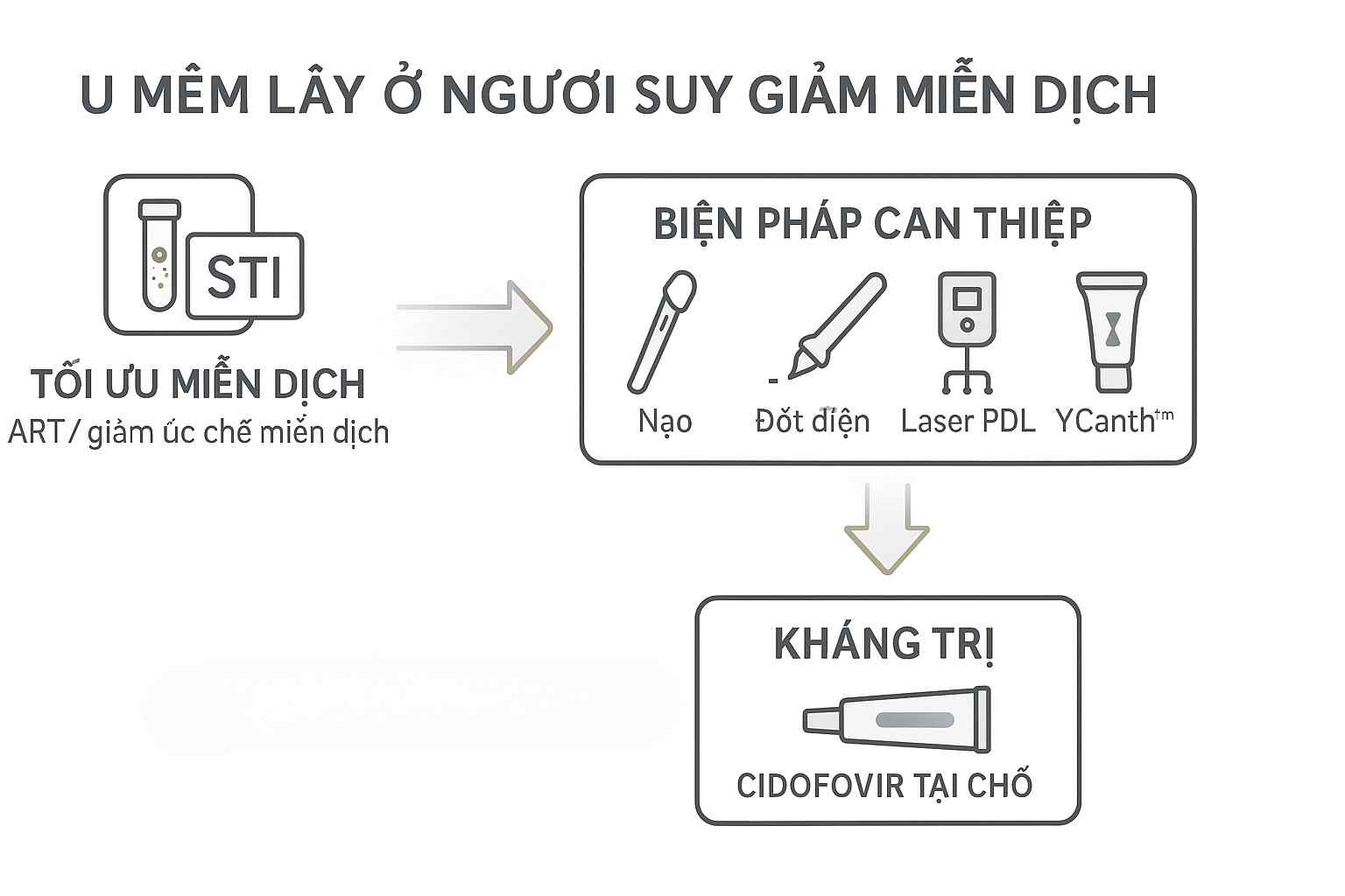 Sơ đồ xử tr&iacute; u mềm l&acirc;y ở người suy giảm miễn dịch/HIV: tối ưu miễn dịch hoặc ART, can thiệp tại cơ sở (curettage/đốt điện/laser/Ycanth&trade;), v&agrave; nh&aacute;nh dự ph&ograve;ng cho ca t&aacute;i ph&aacute;t bằng cidofovir tại chỗ; k&egrave;m biểu tượng s&agrave;ng lọc HIV/STI.