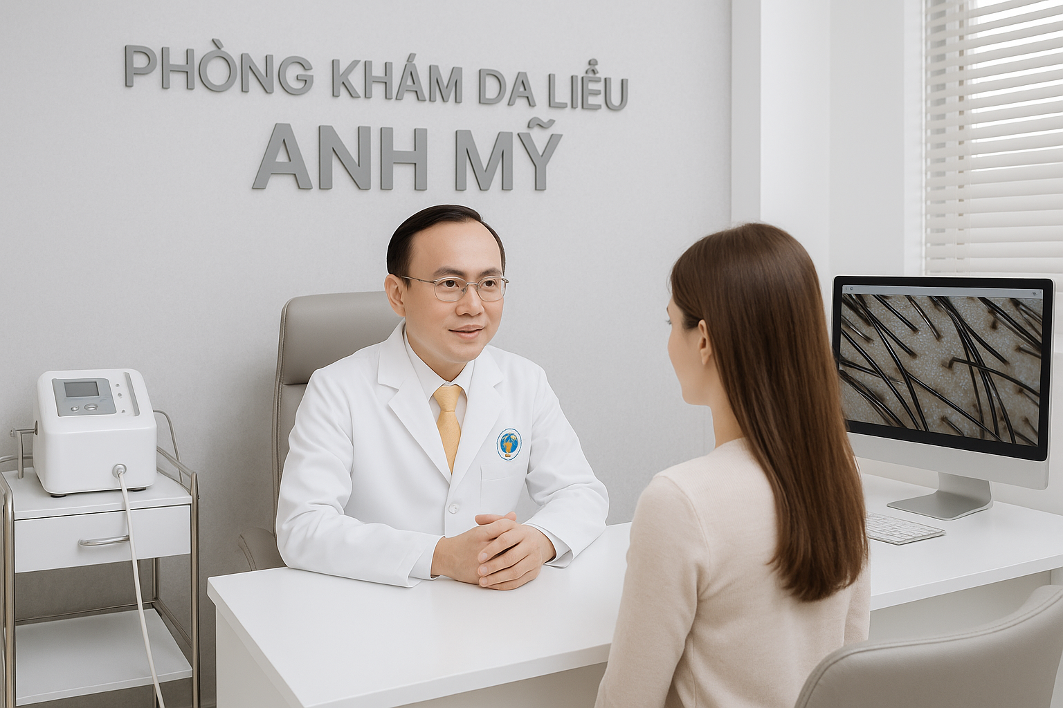 Ph&ograve;ng kh&aacute;m Da Liễu Anh Mỹ với trang thiết bị hiện đại, b&aacute;c sĩ Trương L&ecirc; Đạo trực tiếp điều trị rụng t&oacute;c tại TP.HCM