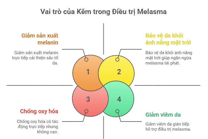 Sơ đồ minh họa 4 cơ chế t&aacute;c động ch&iacute;nh của Kẽm gi&uacute;p cải thiện v&agrave; ngăn ngừa n&aacute;m da (Melasma) t&aacute;i ph&aacute;t.