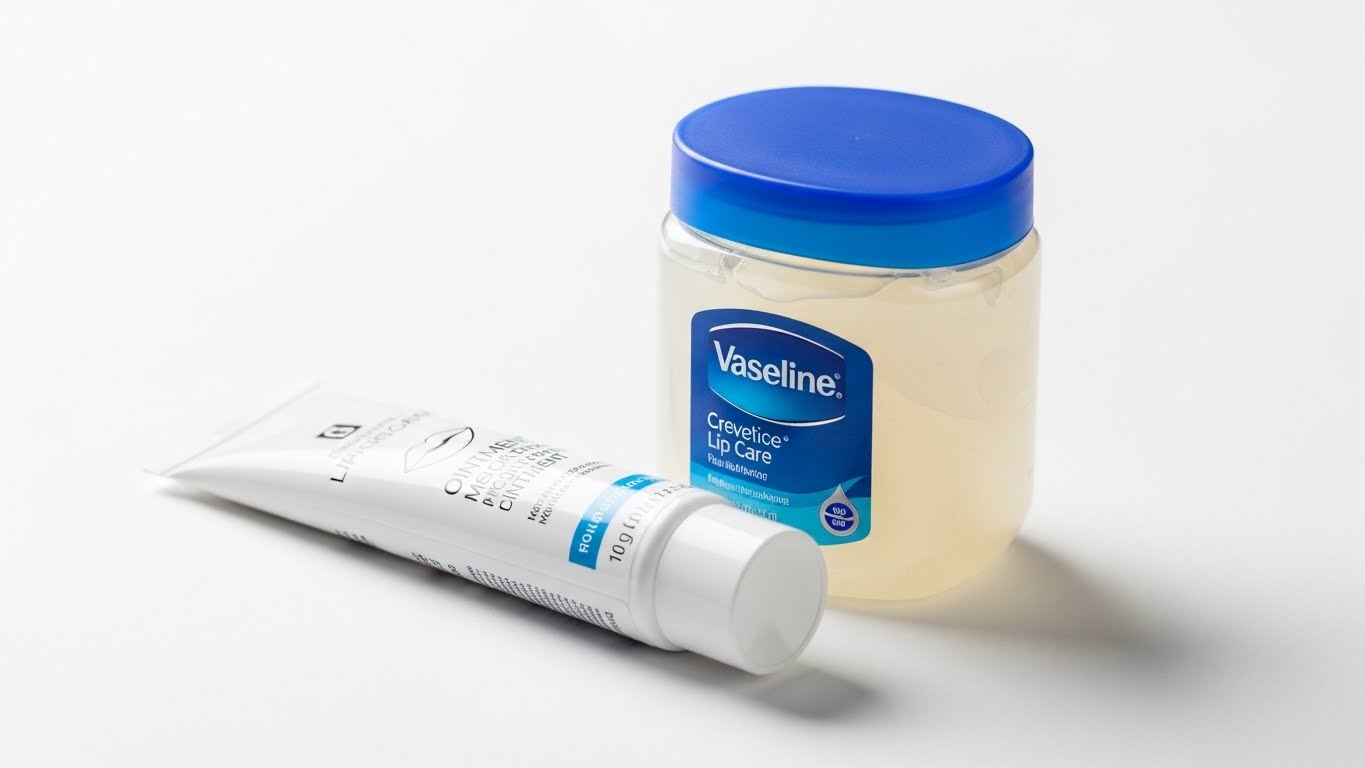 vaseline-va-thuoc-boi-tri-cham-moi-an-toan.jpeg Hình ảnh tuýp thuốc bôi đặc trị và hũ Vaseline (Petrolatum) trên nền trắng - Bộ đôi giúp khóa ẩm và phục hồi hàng rào bảo vệ da môi bị chàm.
