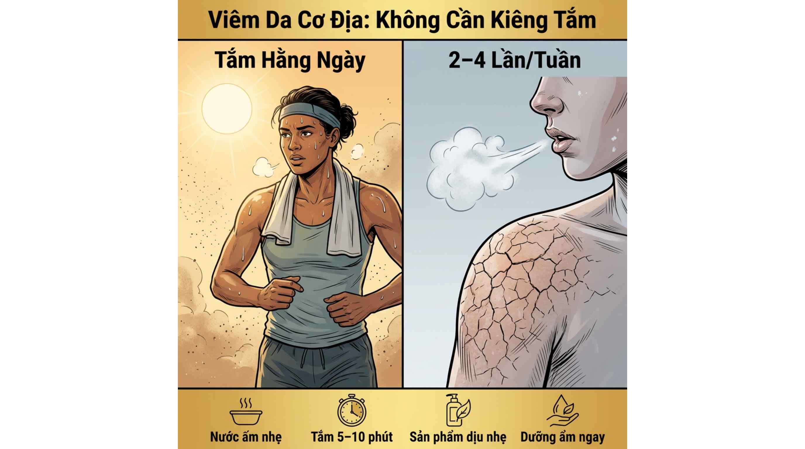 Infographic so s&aacute;nh c&aacute;ch tắm cho người Vi&ecirc;m Da Cơ Địa, so s&aacute;nh trường hợp cần tắm hằng ng&agrave;y (cho người đổ mồ h&ocirc;i nắng n&oacute;ng) v&agrave; tắm 2-4 lần/tuần (cho người da kh&ocirc; nứt nẻ). C&oacute; bộ quy tắc tắm đ&uacute;ng c&aacute;ch: nước ấm nhẹ, tắm nhanh, sản phẩm dịu nhẹ, dưỡng ẩm ngay.
