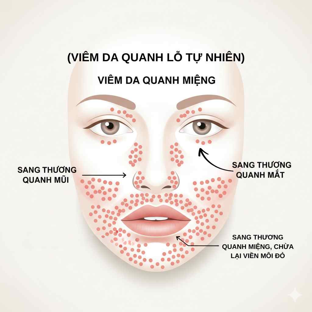 viem-da-quanh-mieng-dinh-nghia-anhmy-clinic.jpg Sơ đồ POD: sẩn nhỏ đơn dạng quanh miệng, có thể lan quanh mũi/mắt, chừa viền môi, không có comedone.