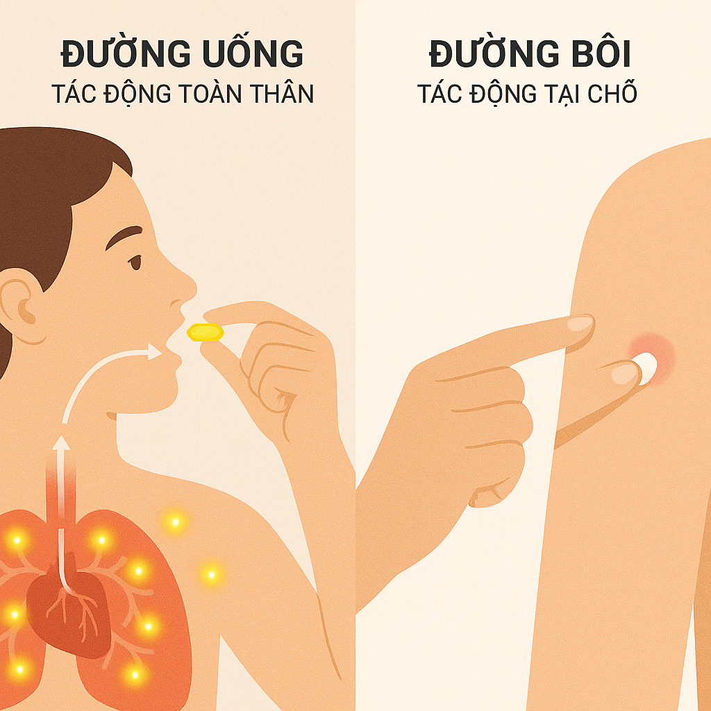 So s&aacute;nh hiệu quả giữa Vitamin D uống hay b&ocirc;i để trị mụn, trong đ&oacute; đường uống cho thấy ưu thế vượt trội.