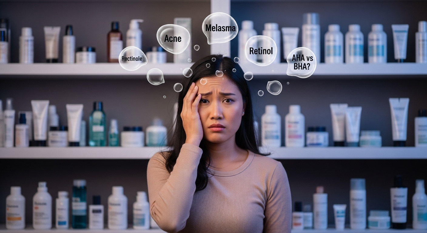 why-skincare-is-complicated.png A confused user overwhelmed by information about acne and melasma skincare