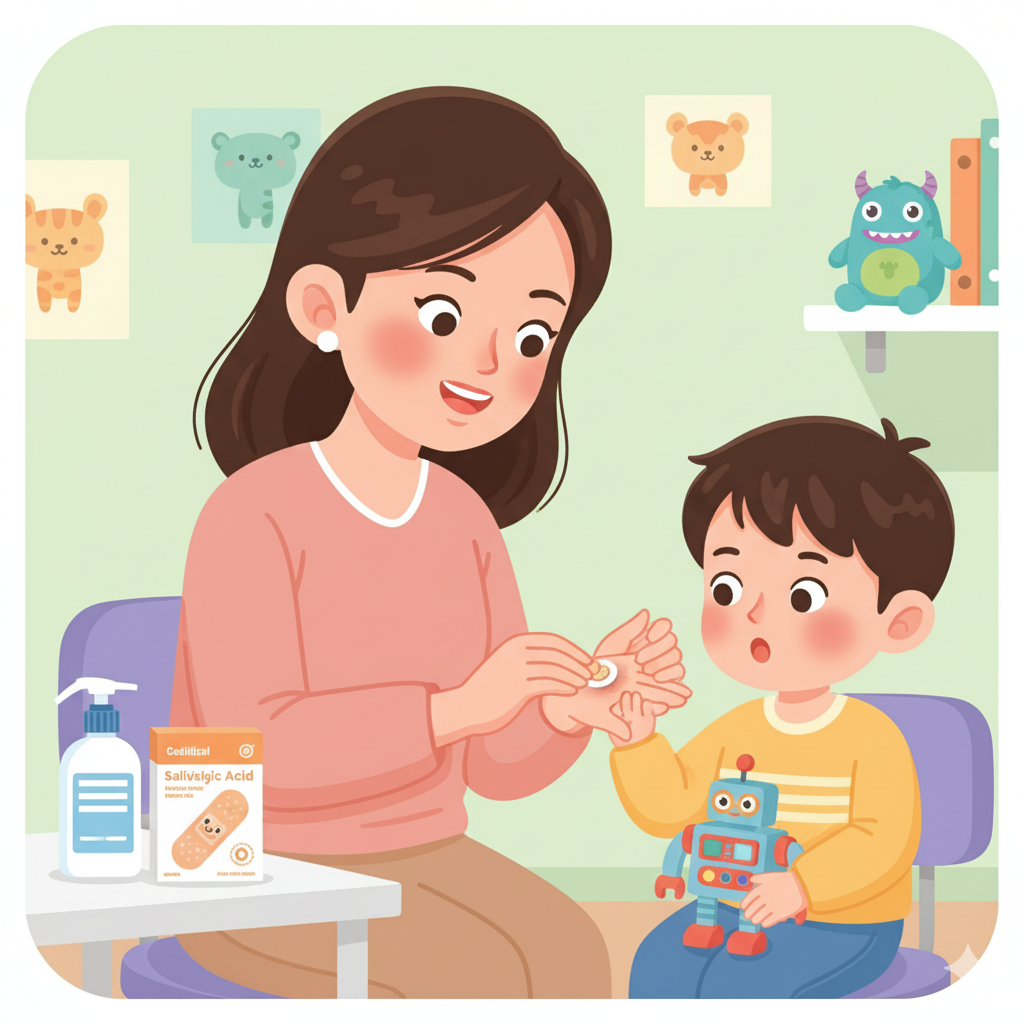 xu-ly-mun-coc-tre-em.png Phụ huynh xử lý mụn cóc ở trẻ em bằng miếng dán acid salicylic nhẹ