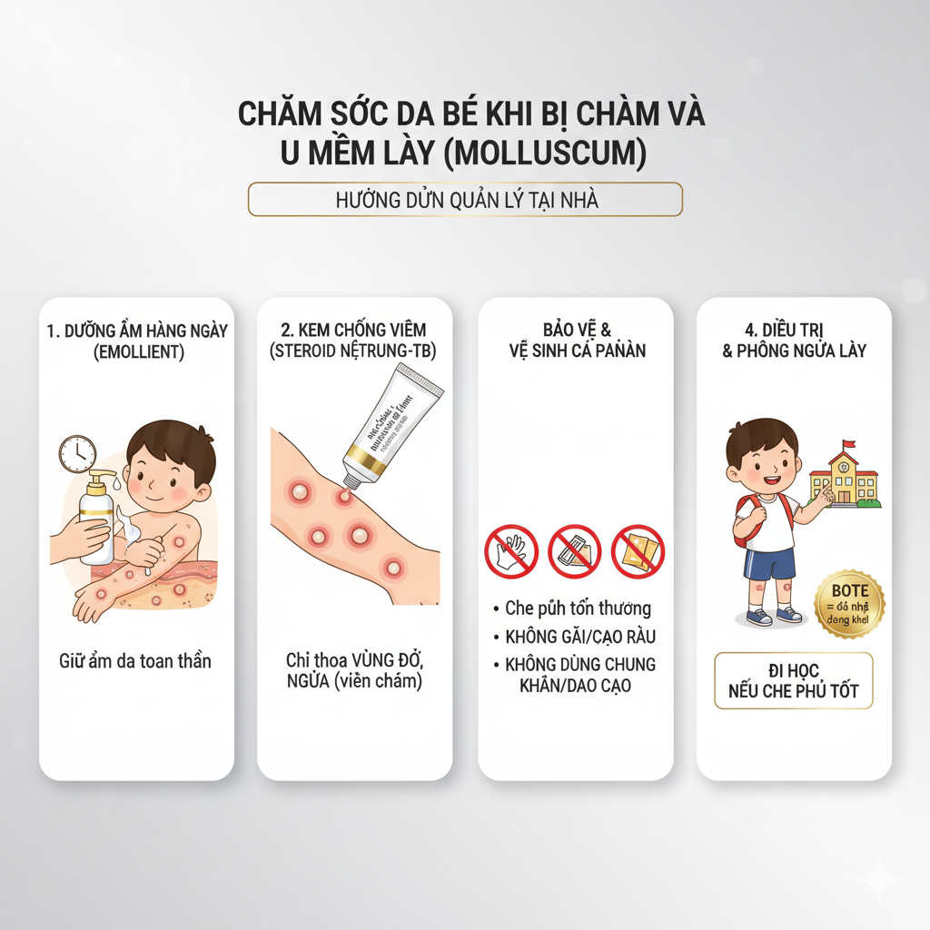 Sơ đồ xử tr&iacute; u mềm l&acirc;y ở người suy giảm miễn dịch/HIV: tối ưu miễn dịch hoặc ART, can thiệp tại cơ sở (curettage/đốt điện/laser/Ycanth&trade;), v&agrave; nh&aacute;nh dự ph&ograve;ng cho ca t&aacute;i ph&aacute;t bằng cidofovir tại chỗ; k&egrave;m biểu tượng s&agrave;ng lọc HIV/STI.
