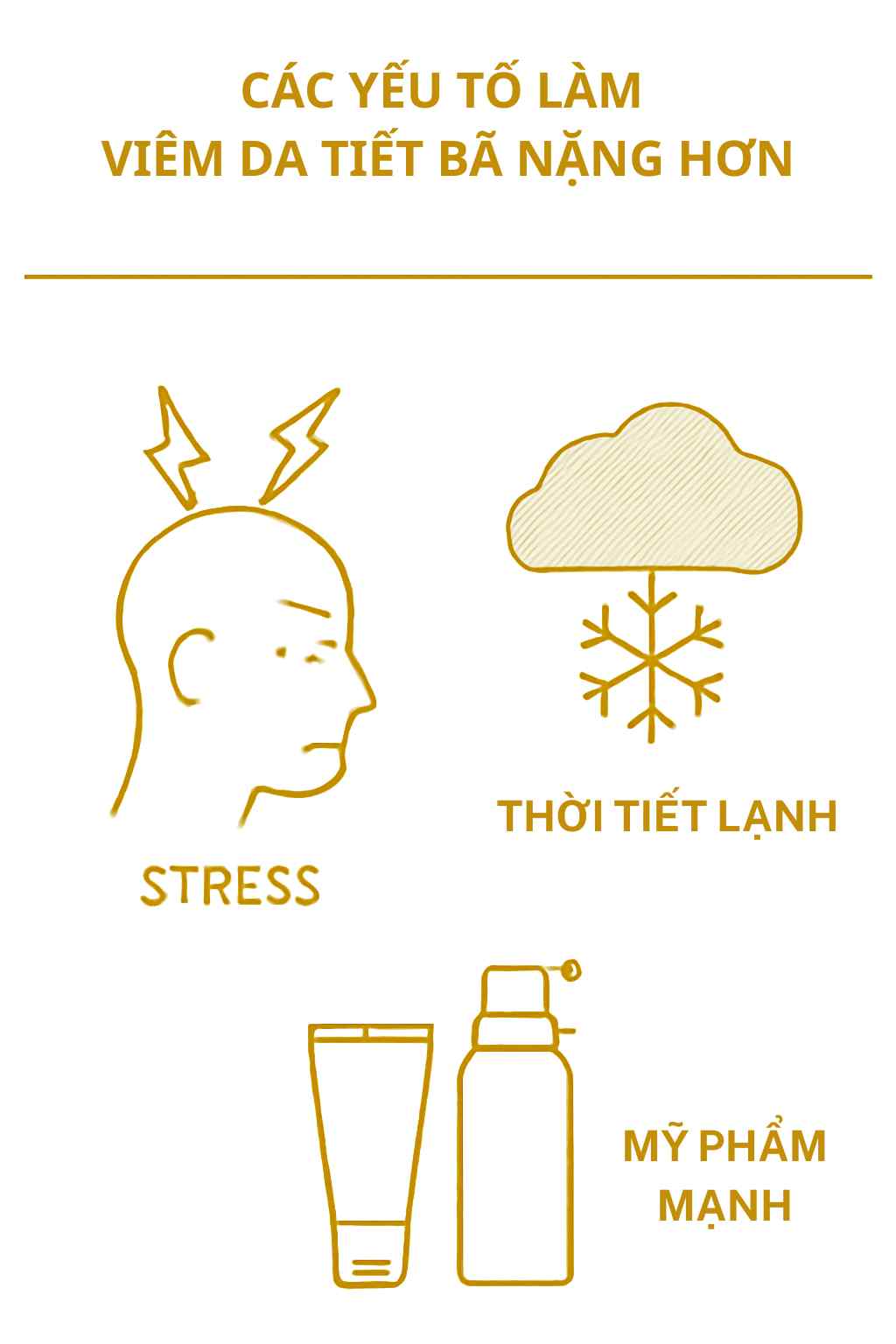 Infographic c&aacute;c yếu tố l&agrave;m vi&ecirc;m da tiết b&atilde; nặng hơn như stress, thời tiết lạnh v&agrave; mỹ phẩm mạnh.