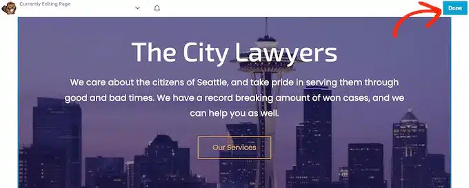 Nhấn Done để hoàn thành thiết kế tạo landing page bằng WordPress