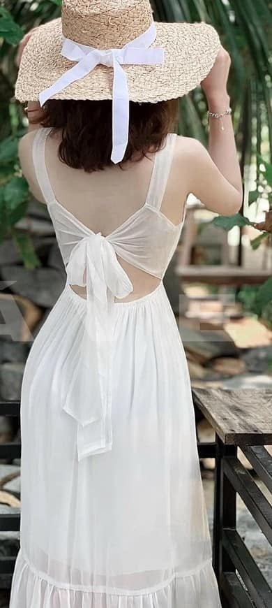 Đầm voan trắng thiết kế 2 dây dáng xòe dài cột nơ lưng sang chảnh thời trang