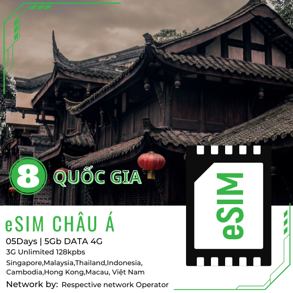  E-SIM châu Á 8 nước 5 ngày 5GB