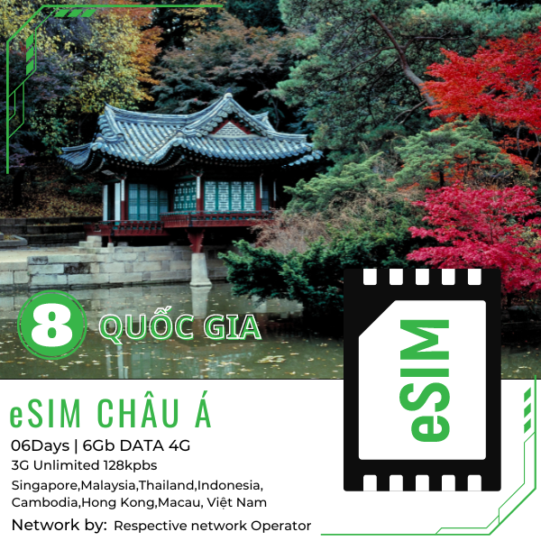  E-SIM châu Á 8 nước 6 ngày 6GB
