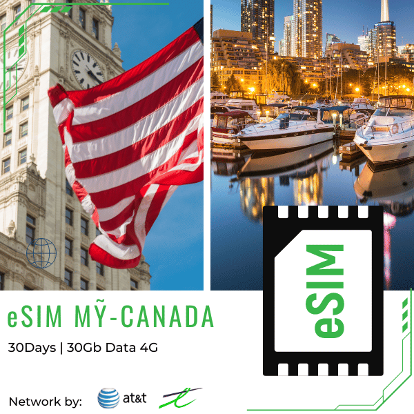  E-SIM Mỹ + Canada 30 ngày 30GB
