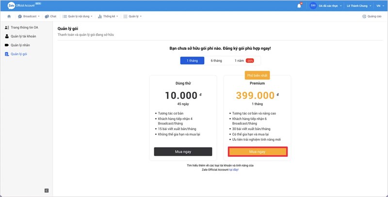 Chọn g&oacute;i dịch vụ tr&ecirc;n Zalo OA