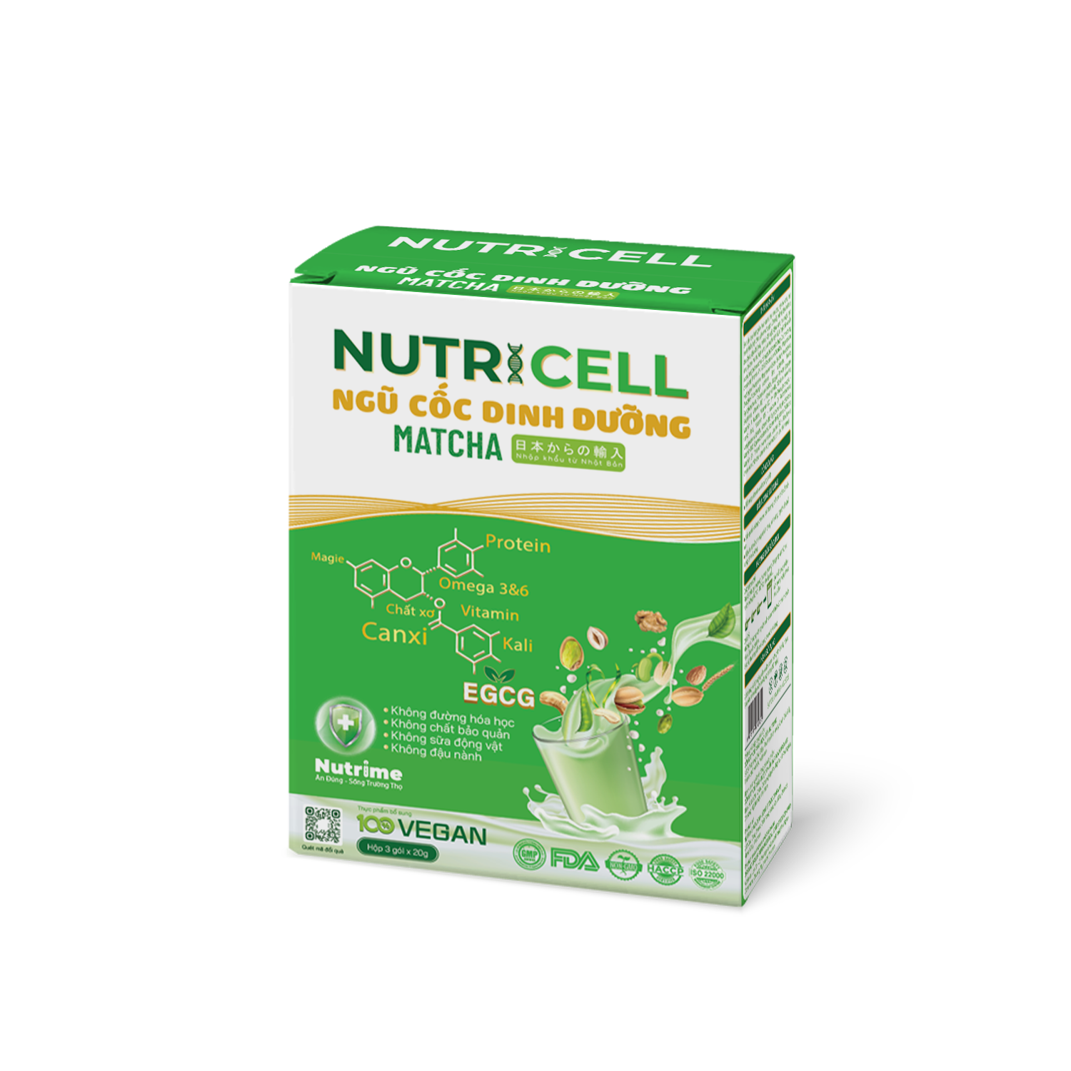 Hộp 3 gói ngũ cốc dinh dưỡng NutriCell Matcha nhập khẩu từ Nhật bản 60g