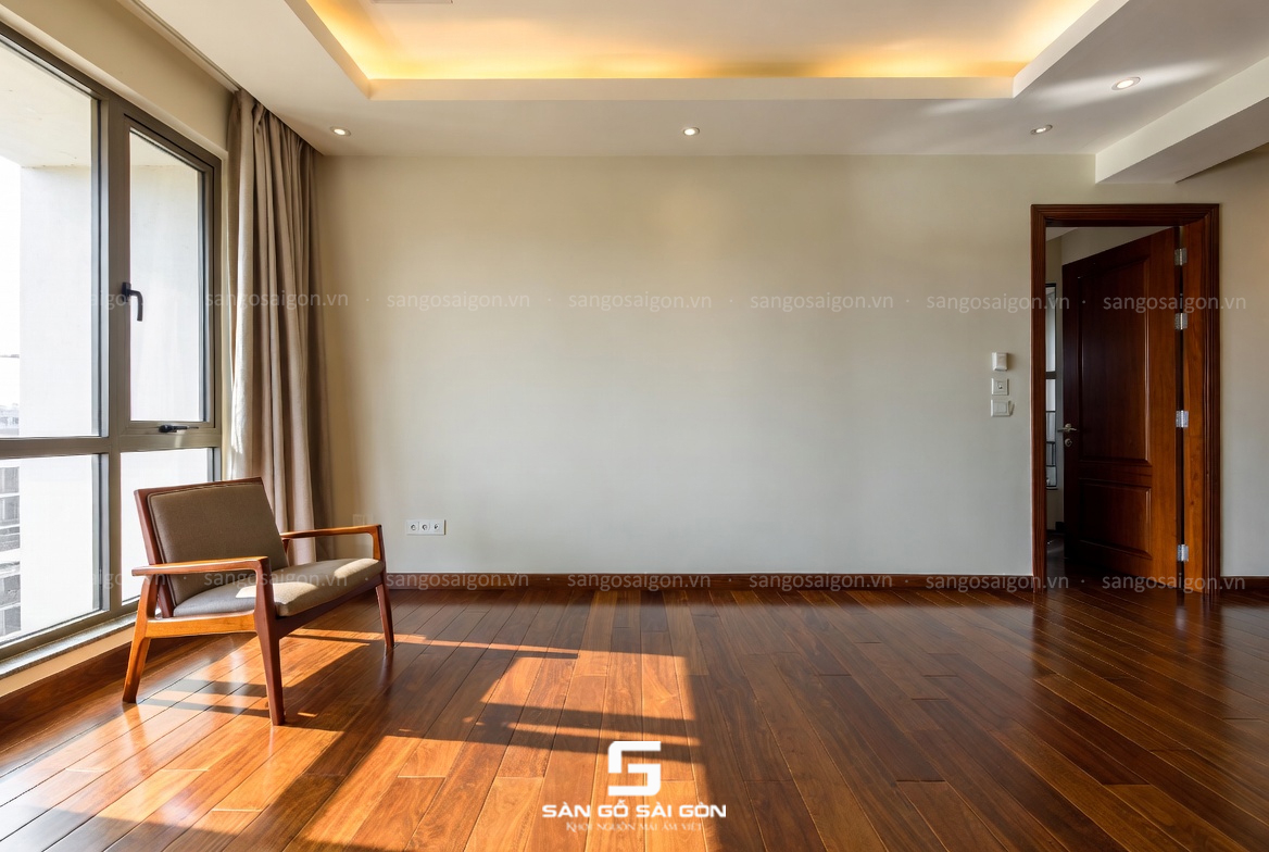 Thi công sàn gỗ tự nhiên màu cánh gián đậm chuyên nghiệp, uy tín