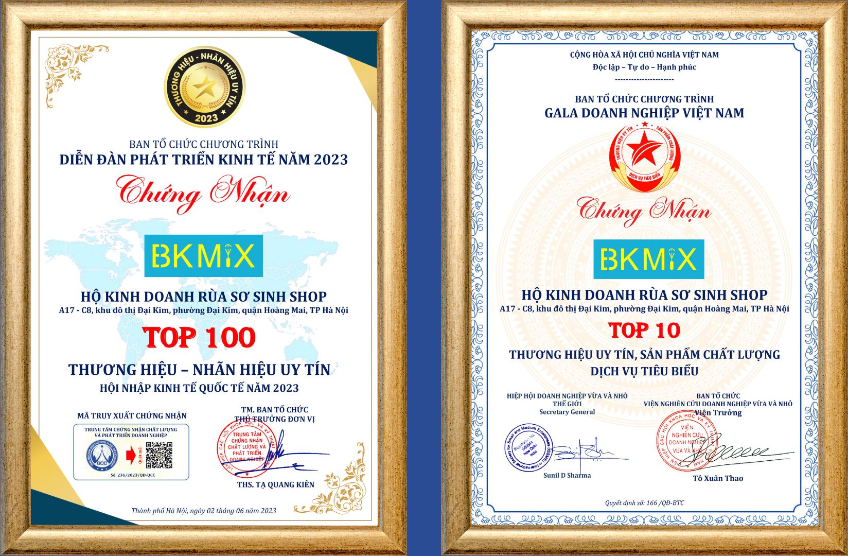 Chứng nhận TOP 100 và TOP 10 thương hiệu - nhãn hiệu uy tín